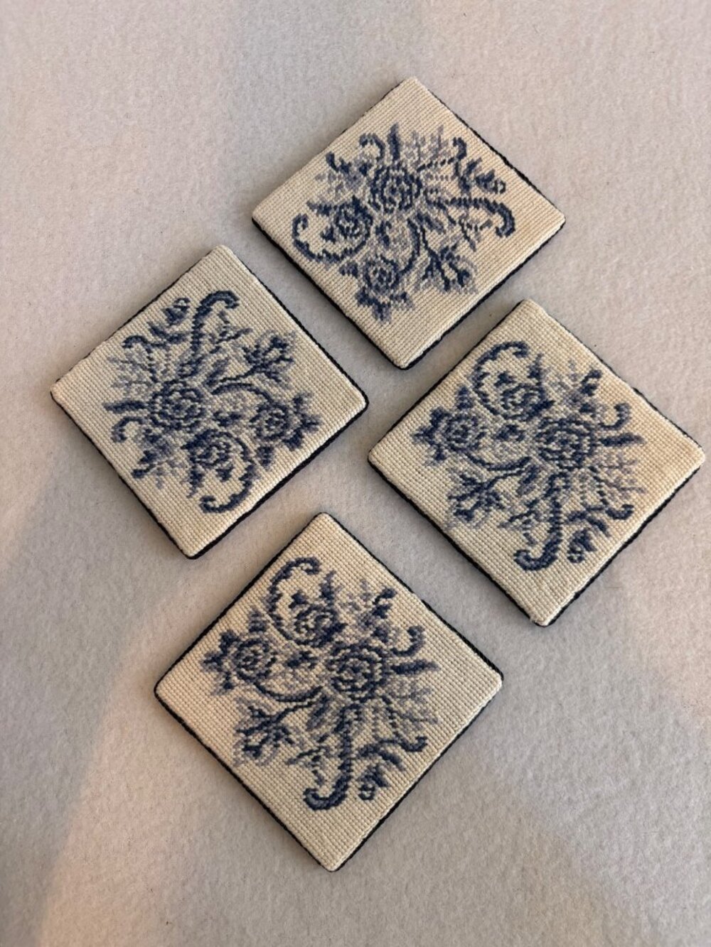 Blue & White Embroidered Fabric Coasters Set Of 4 Floral Pattern